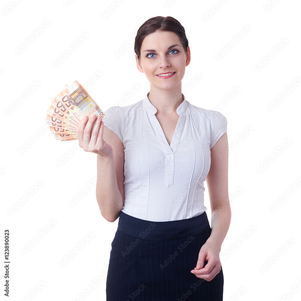 Smiling businesswoman standing over white isolated background Smiling businesswoman standing over white isolated background