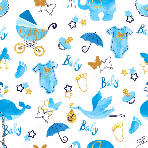 Baby shower boy seamless pattern. Vector watercolor kids background.