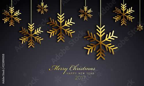 Christmas greeting Card with gold snowflake decorations