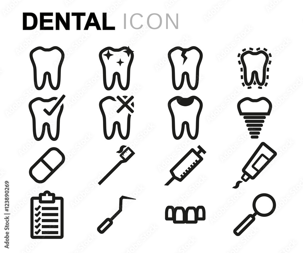 Vector black line dental icons set Vector black line dental icons set