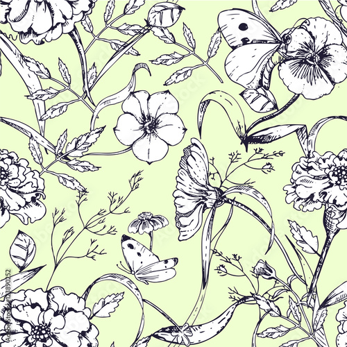 Wallpaper Mural hand drawn seamless pattern with flowers pansy, battterfly, leaves, petunia, marigolds Torontodigital.ca