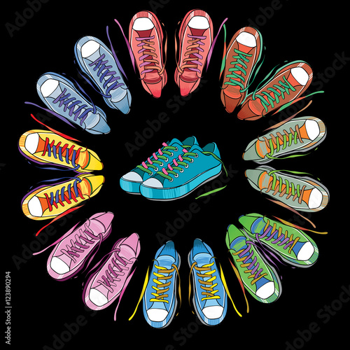  illustration of Sport shoes, sneakers round on black background