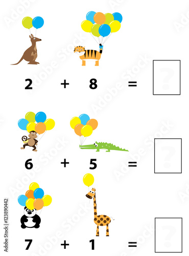 easy mathematic task for children with animals and balloons / adding