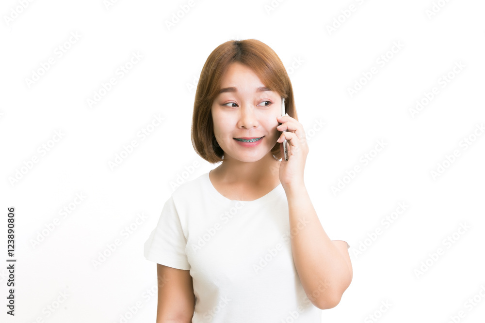 Woman Isolated Talking On Phone Over White Background Woman Isolated Talking On Phone Over White Background
