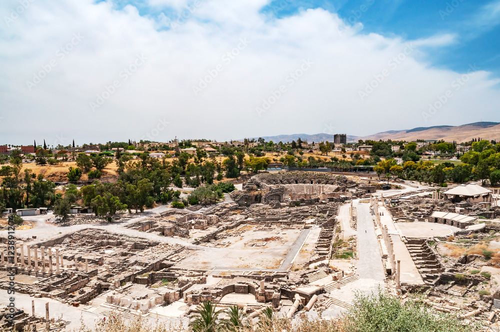 panoramic view of archaeological excavation Bet Shean, israel