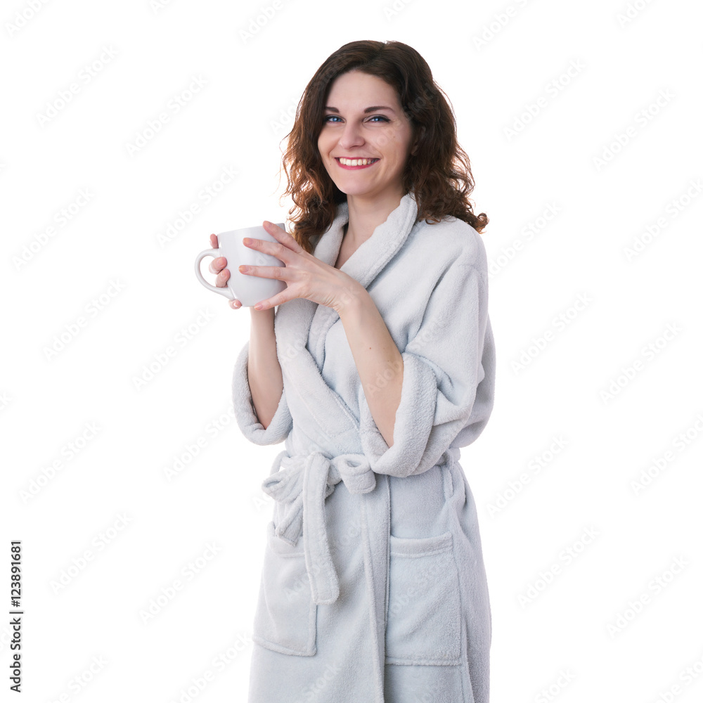 Young woman in bath robe over white isolated background Young woman in bath robe over white isolated background