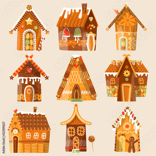 Set of 9 festive gingerbread houses. Christmas tradition.