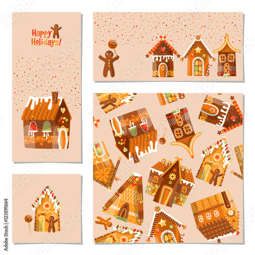Set of 4 universal cards with festive gingerbread houses. Christmas decoration. Template.