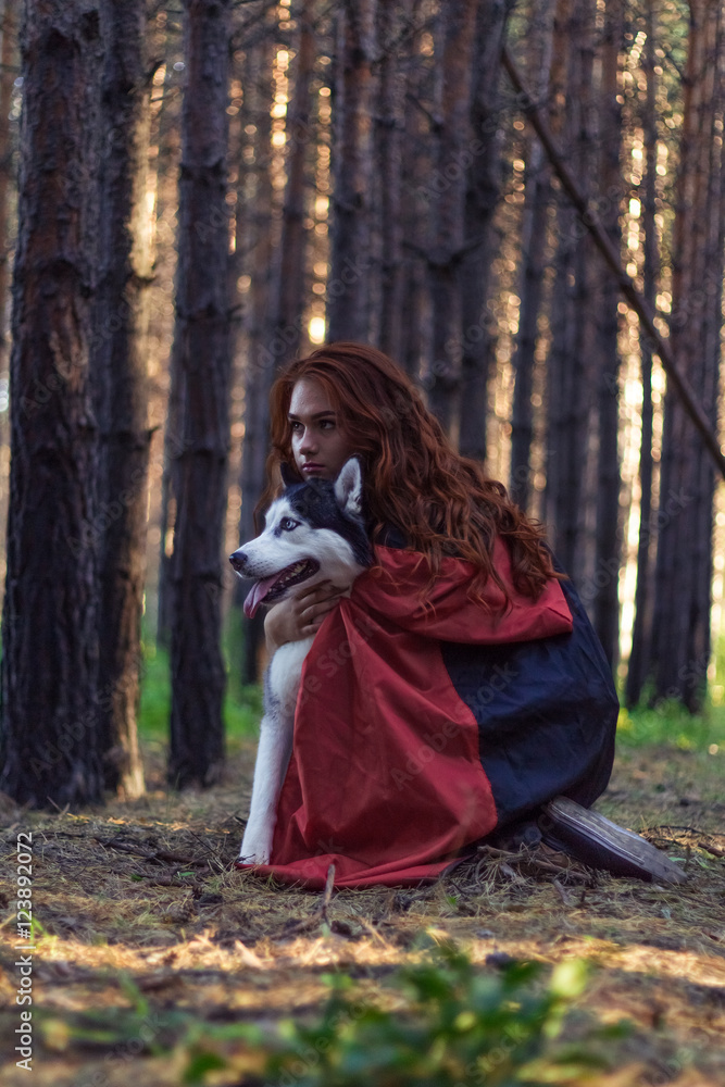 Naklejka premium red, hood, husky, dogsexy, girl, fairy, nature, green, young, people, person, summer, beautiful, attractive, outdoor, tale, forest, wood