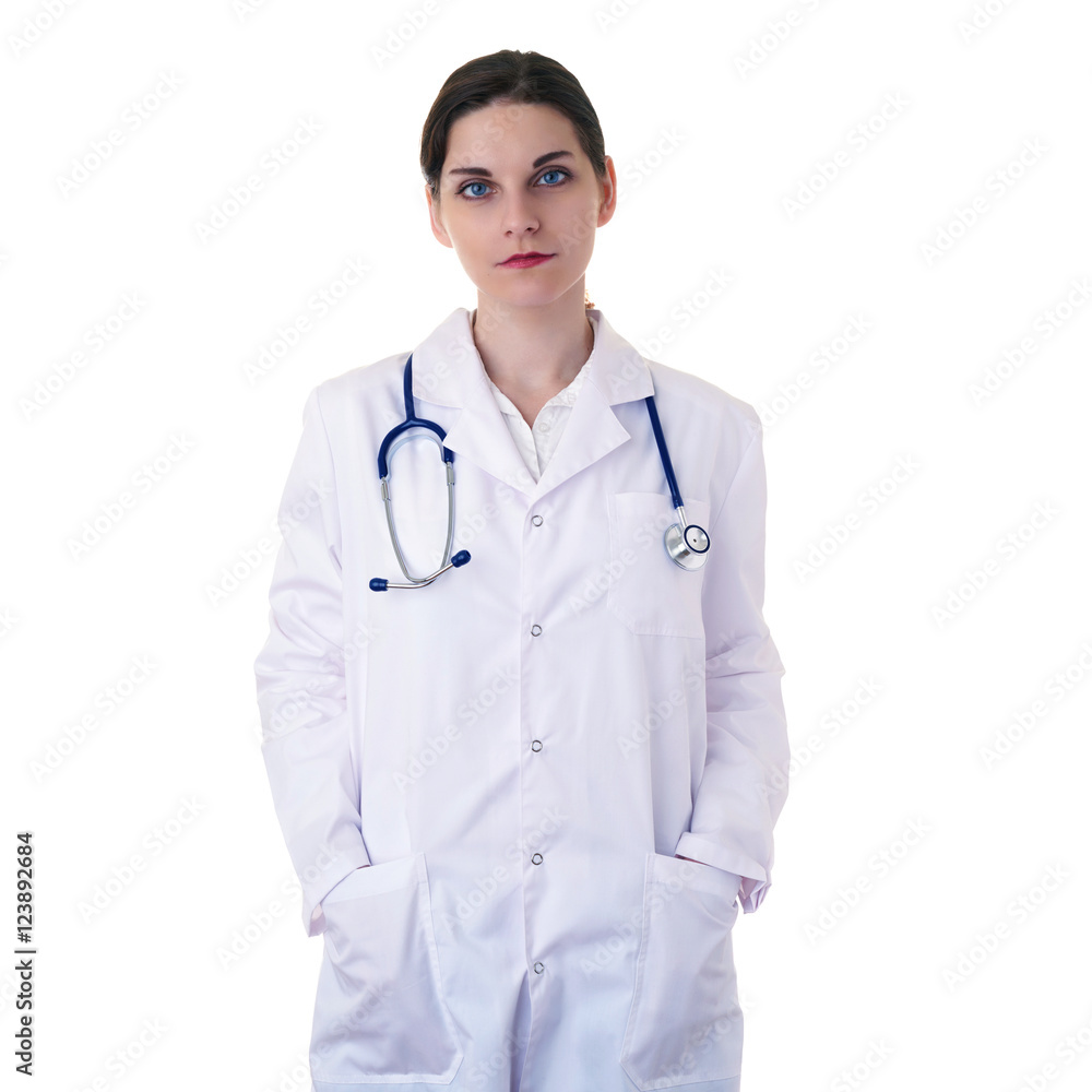 Female doctor assistant scientist in white coat over isolated background Female doctor assistant scientist in white coat over isolated background