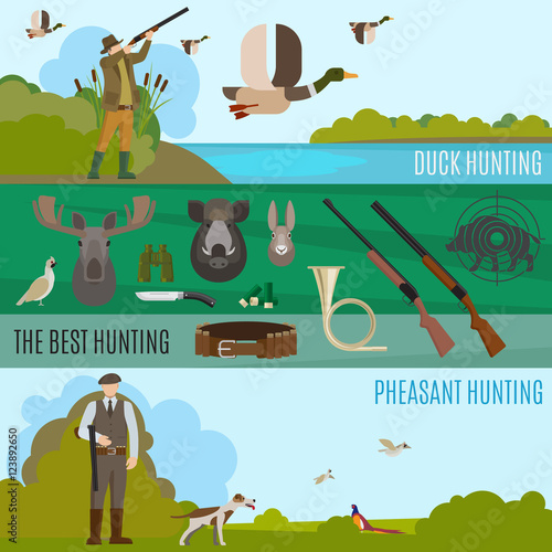 Hunting banners. Vector wild birds and animals hunting vector illustration
