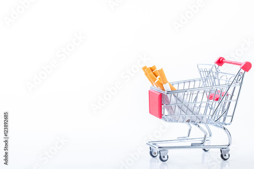 Cigarettes in shopping cart, isolated on white background,Cigare