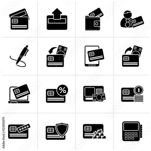 Black credit card, POS terminal and ATM icons - vector icon set