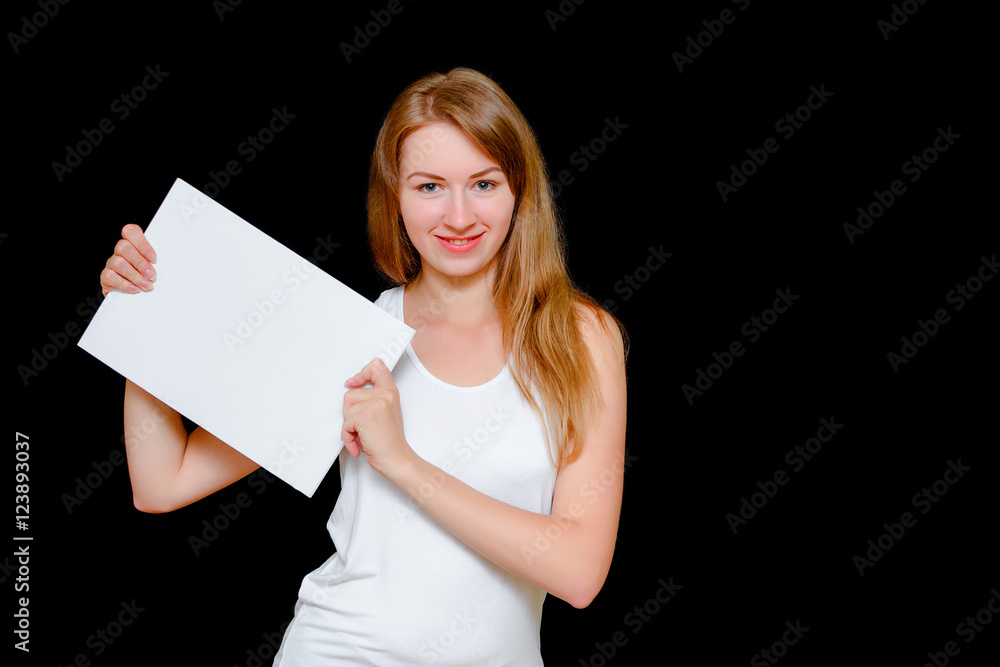 The nice girl with a smile holds the form for the text. The nice girl with a smile holds the form for the text.