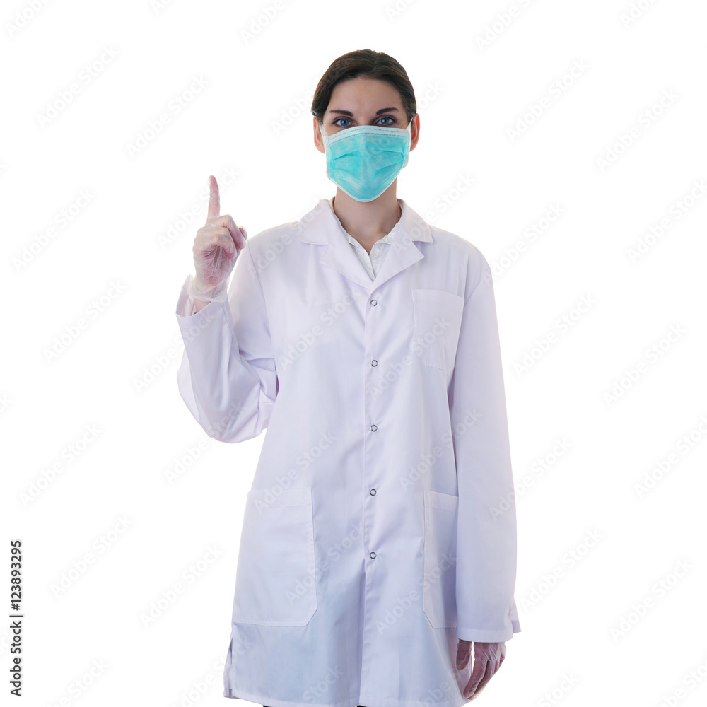 Female doctor assistant scientist in white coat over isolated background Female doctor assistant scientist in white coat over isolated background