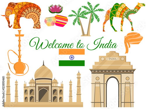 Welcome to India, India's traditional symbols, icons attractions. Vector illustration.