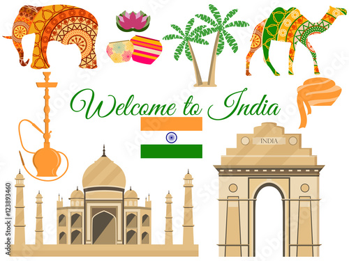 Welcome to India, India's traditional symbols, icons attractions. Vector illustration.