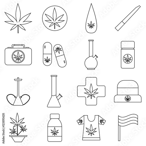 Marijuana icons set. Outline illustration of 16 marijuana vector icons for web