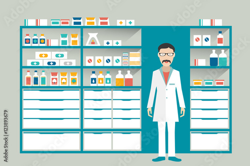 Man pharmacist in a pharmacy, drugstore. Shelves with medicines, cure, pills. Flat vector.