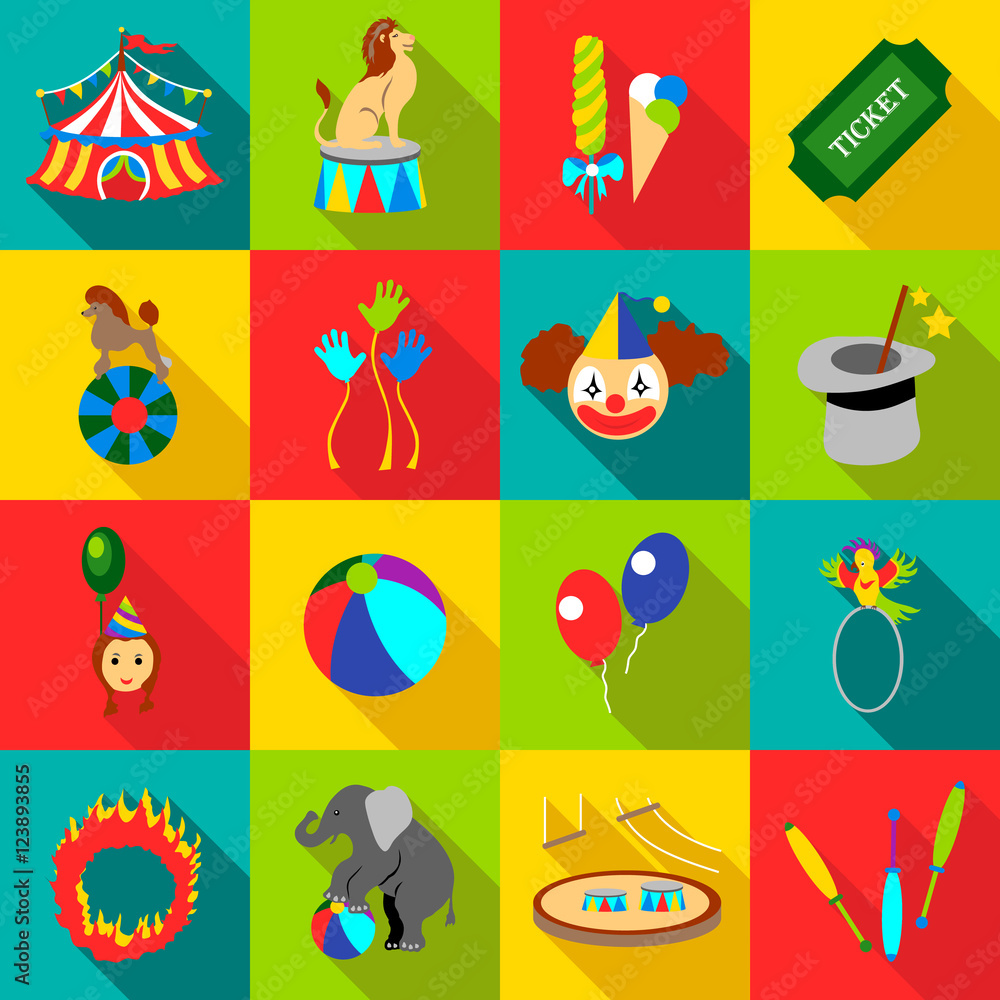 Circus icons set. Flat illustration of 16 circus vector icons for web Circus icons set. Flat illustration of 16 circus vector icons for web