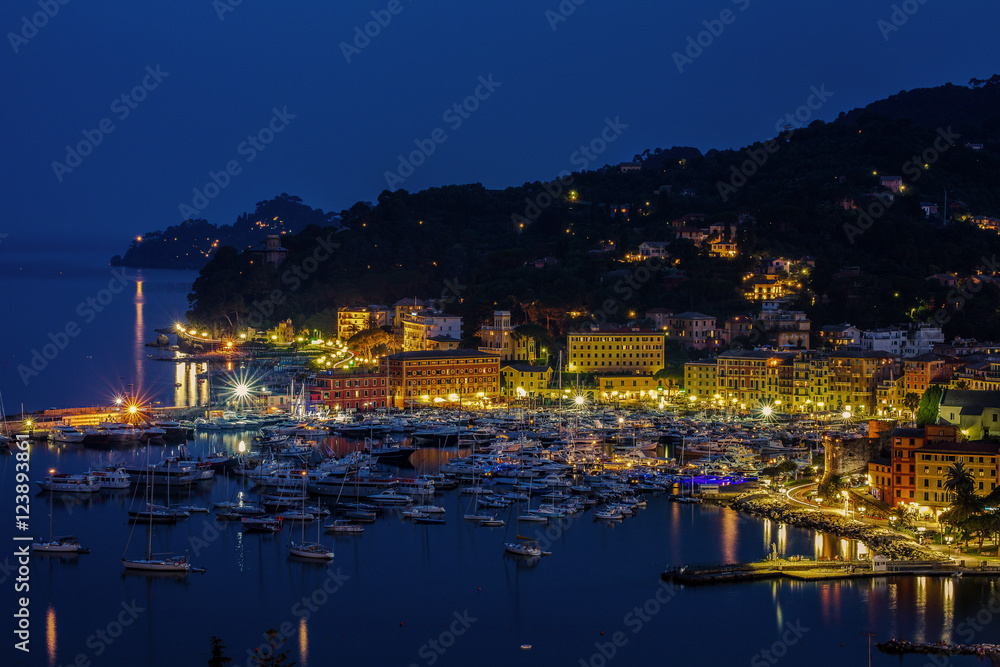 View of the harbour and the village by night, Santa Margherita Ligure, Genoa, Italy / pier/ night / lights/ pier/ summertime/ holiday