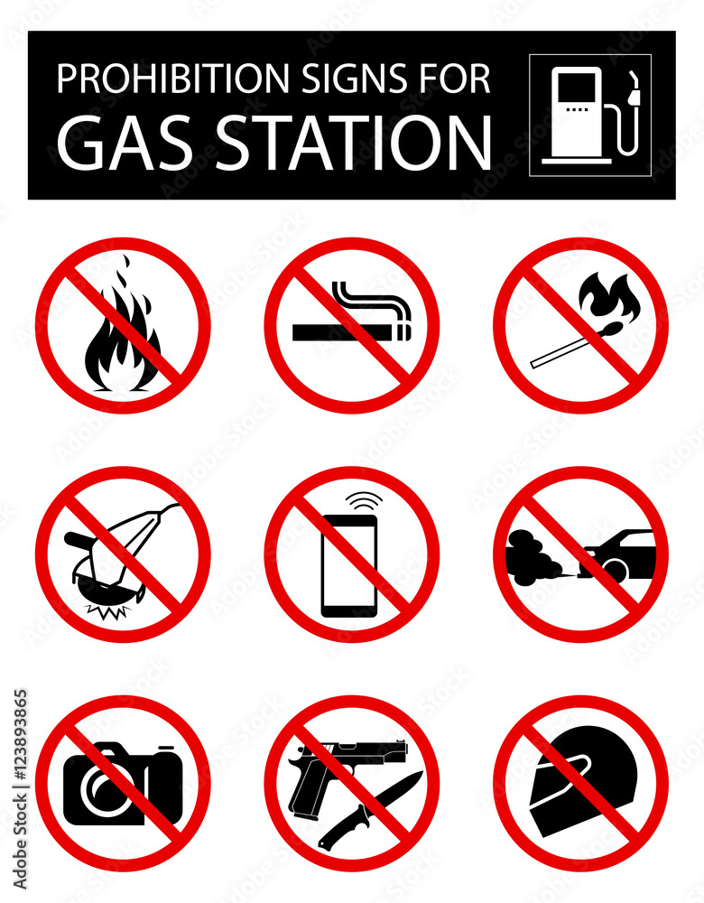 Collection of signs that forbid certain objects or behaviour inside of gas stations. Collection of signs that forbid certain objects or behaviour inside of gas stations.