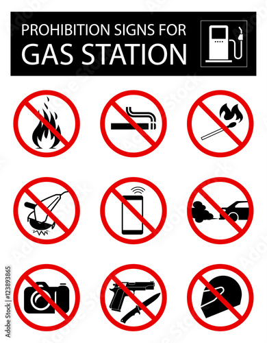 Collection of signs that forbid certain objects or behaviour inside of gas stations.