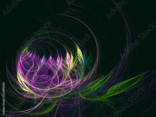 Computer fractal illustration of flowers in a semicircular vase on a dark green background