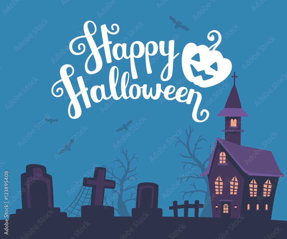 Vector halloween illustration of haunted house, cemetery, bats o