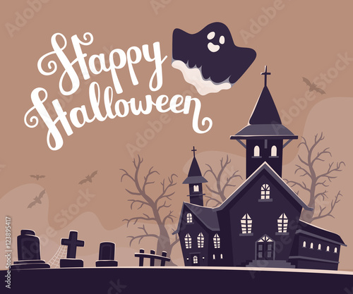 Vector halloween illustration of haunted house, cemetery, bats o