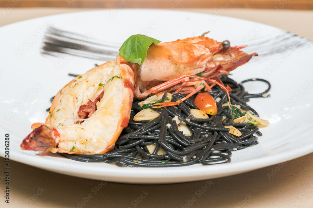 Black Spaghetti with Prawns, Bacon, Chili, Garlic and Parsley
