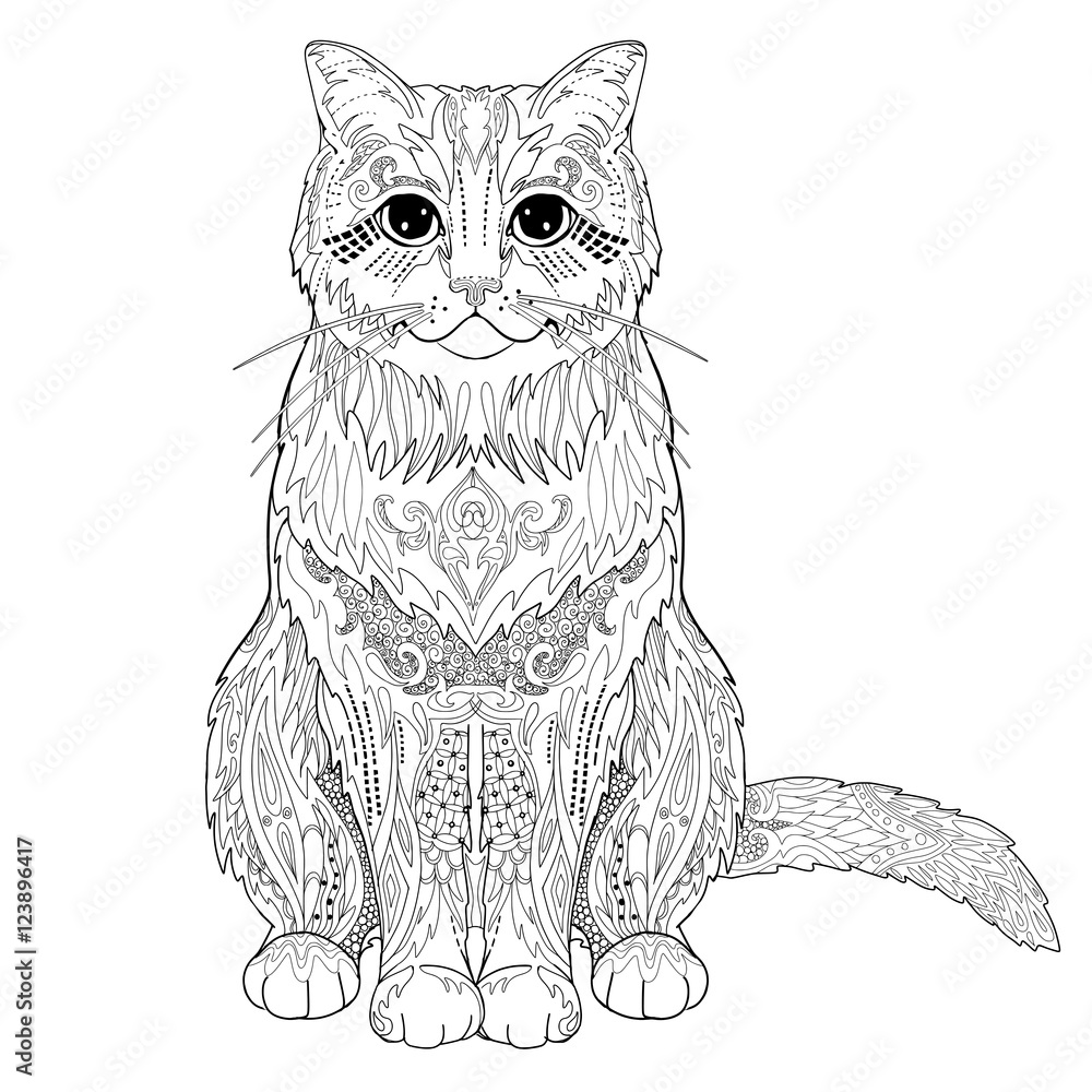 Ethnic decorative doodle cat. Coloring book page for adults. Vector
