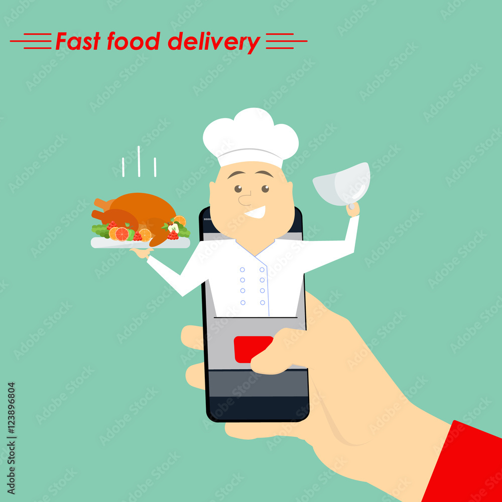 Internet cook. The concept of e-commerce: online food ordering website. Fast food delivery service online courses. Flat vector illustration.