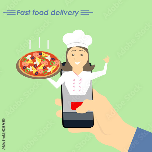 Online pizza delivery. The concept of e-commerce: online food ordering website. Fast food delivery service online courses. Flat vector illustration.