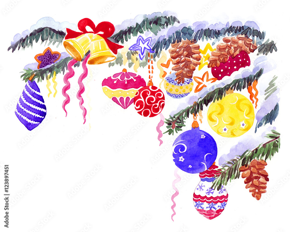 Christmas winter branch watercolor isolated on the white background