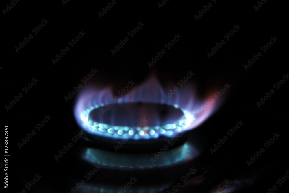 Burning gas burner in the darkness