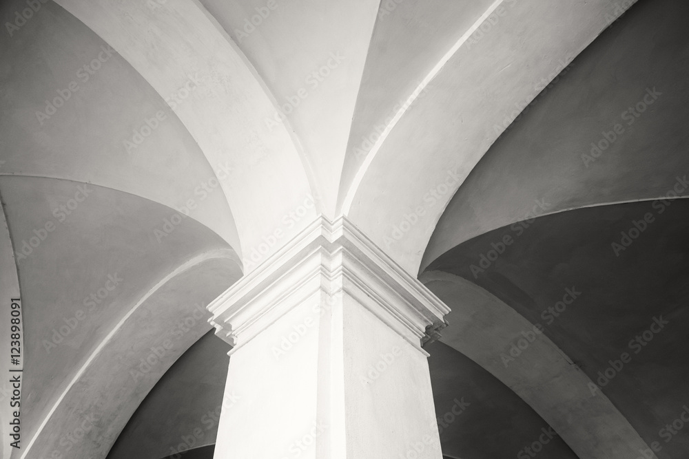  Close-up shot of a of new gothic style column and top part of arcade in Siena, Tuscany (black and white).