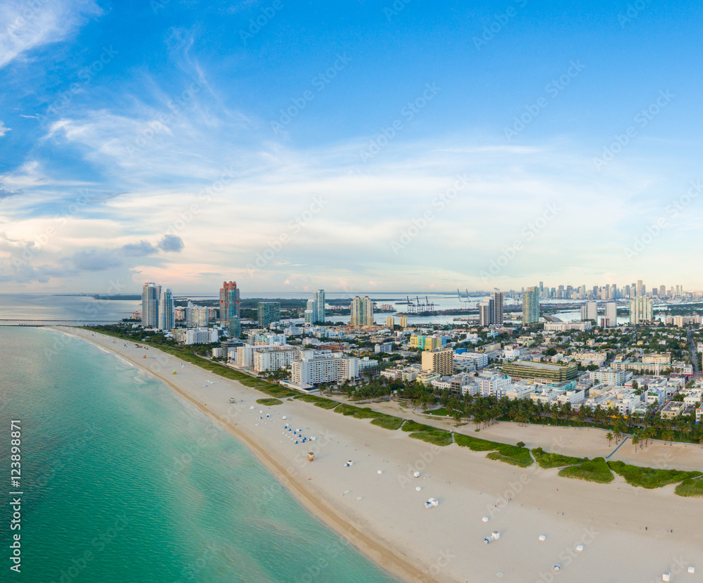 Aerial view of Miami South Beach with hotels and coastline