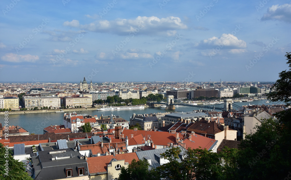 Budapest and Danube panorama with Chain Bridge and Saint Stephen Basilica dome