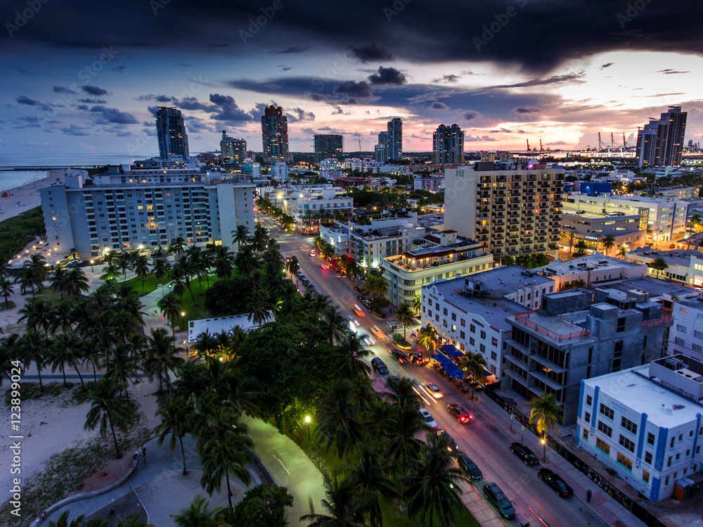 Aerial view of illuminated Ocean Drive and South beach, Miami, Florida, USA