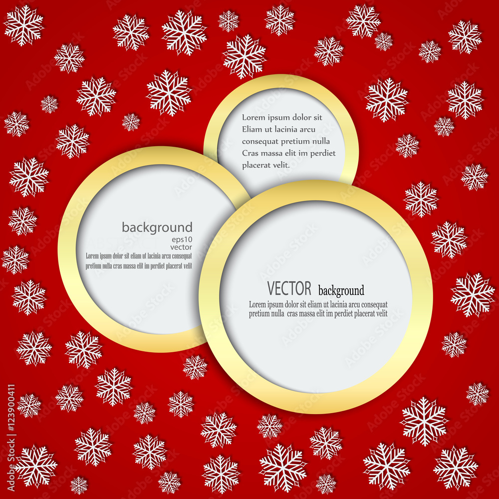 Red background with snowflakes in Circles in a gold frame Red background with snowflakes in Circles in a gold frame