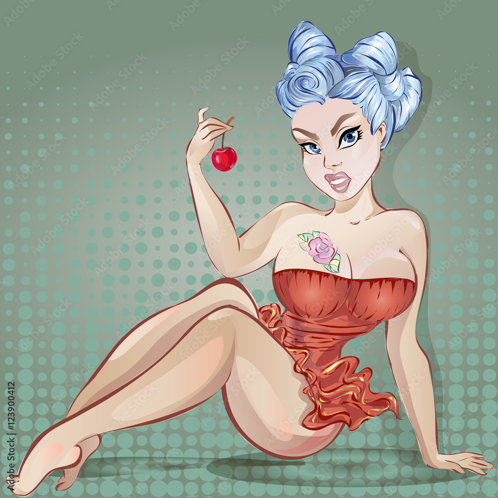 Pin up sexy woman with flower tattoo on her breast and sweet cherry in  hand, vector illustration Stock Vector | Adobe Stock