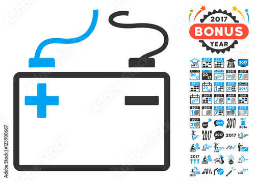 Accumulator icon with bonus 2017 new year icon set. Vector illustration style is flat iconic symbols, blue and gray colors, white background.