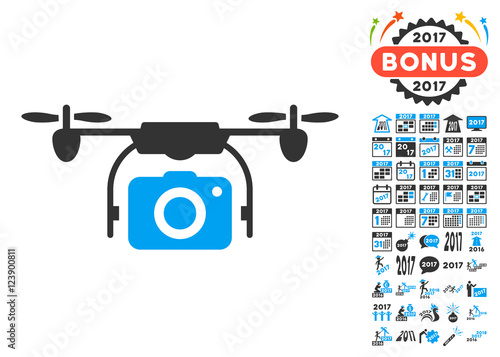 Camera Drone pictograph with bonus 2017 new year design elements. Vector illustration style is flat iconic symbols, blue and gray colors, white background.