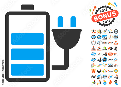 Charge Battery icon with bonus 2017 new year icon set. Vector illustration style is flat iconic symbols, blue and gray colors, white background.