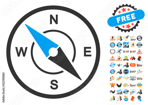 Compass pictograph with bonus 2017 new year design elements. Vector illustration style is flat iconic symbols, blue and gray colors, white background.