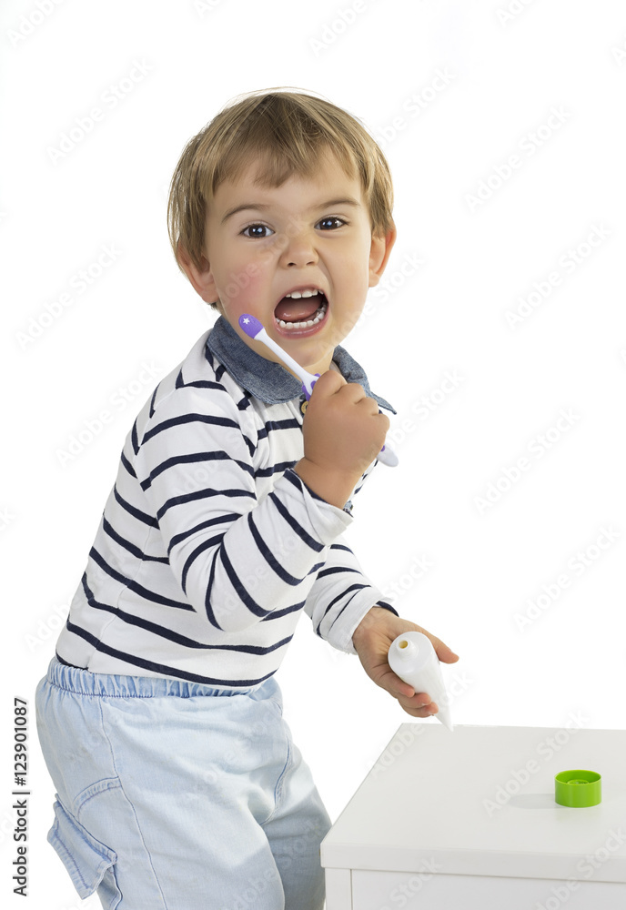 Two years boy learning to wash teeth through playing. Two years boy learning to wash teeth through playing.