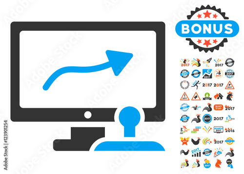 Path Control Monitor icon with bonus 2017 new year clip art. Vector illustration style is flat iconic symbols, blue and gray colors, white background.