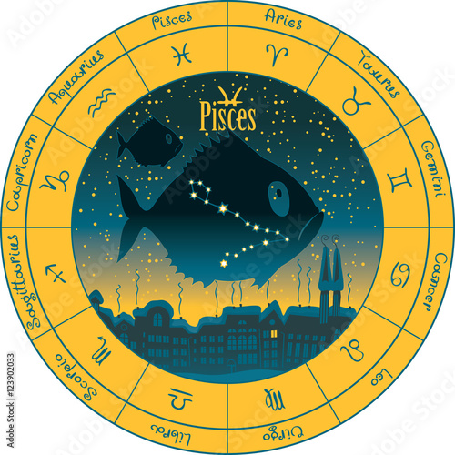 pisces on the background urban night landscape and the starry sky in circle with the signs of the zodiac