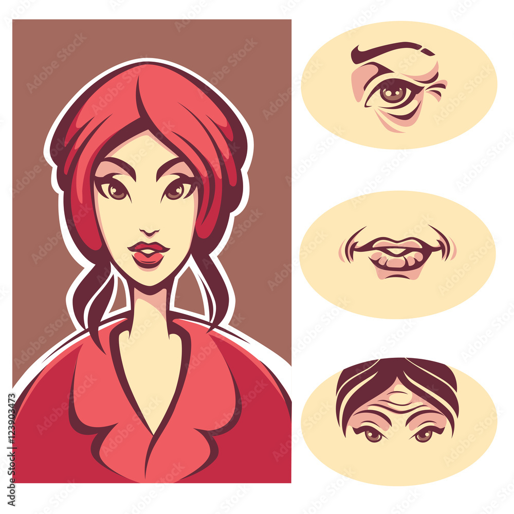 skin problem, beauty young lady and wrinkled woman skin, vector skin problem, beauty young lady and wrinkled woman skin, vector